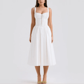 Auzaria - White Broderie Fit & Flare Lace Up Midi Dress